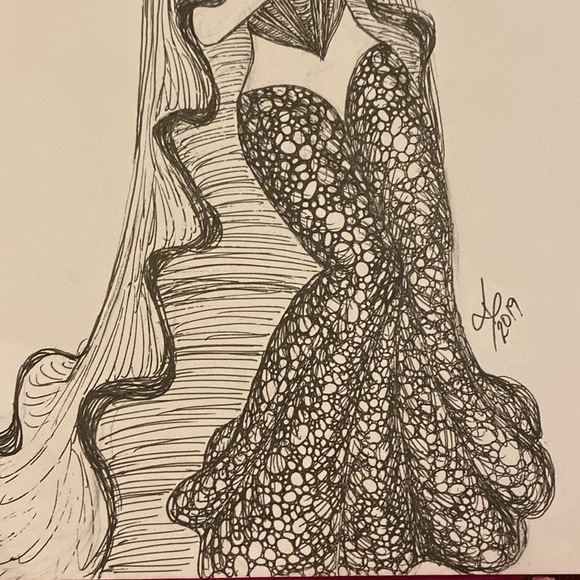 Unframed Original Art Drawing Figure Fashion Portrait Gown & Cape in Ink - Picture 4 of 4